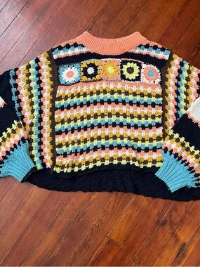 Free People Crochet Patchwork Sweater - Peach, Aqua, Yellow, Black, Cream